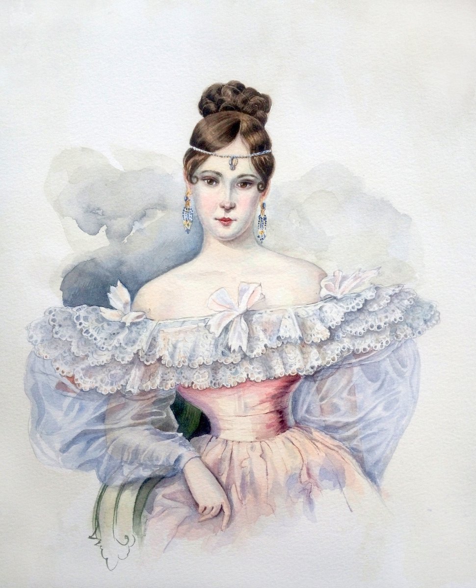Replica of the portrait of Natalia Pushkin, wife of the Russian poet Alexander Pushkin by Olga Beliaeva Watercolour