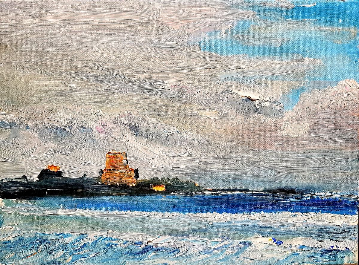 Impressionistic Landscape Oil Painting By Leonid Kirnus, 11 X 8", The Sea View Of Atlit, Original Artwork