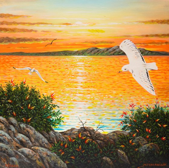 seabirds at sunset