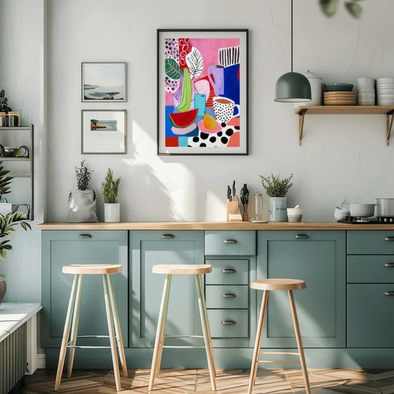 Colorful Still Life with Cups and Fruit