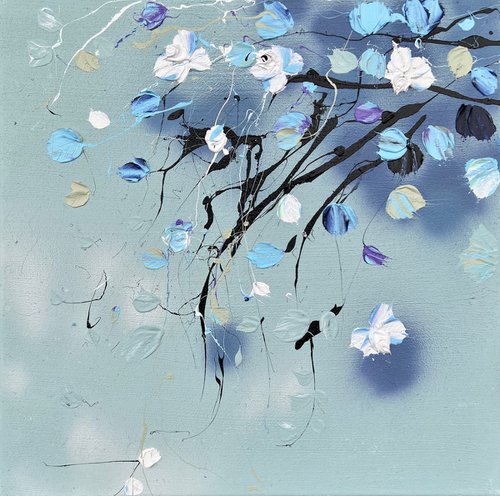 "Blue Rose Bush” acrylic square artwork with roses 50x50cm by Anastassia Skopp
