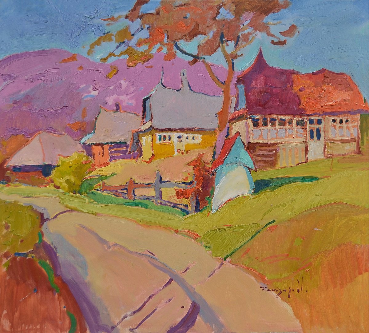 Impressionistic Landscape Oil Painting By Alexander Shandor, 30 X 28, Autumn In Village Of Richka, Original Artwork