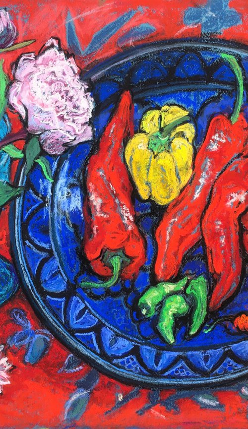 Peonies and Peppers still life by Patricia Clements
