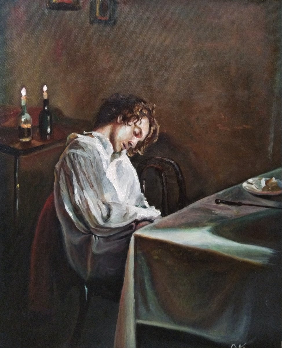 Portrait Oil Painting By Viktoria Deri, 12 X 15", The End Of The Evening, Original Artwork