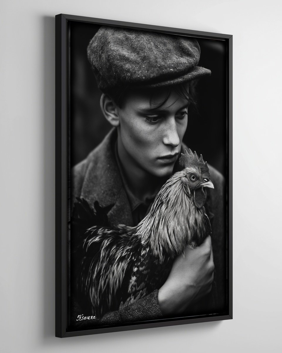 Photorealistic Animal Photograph By Ksavera, 25 X 37", Boy And Rooster B0805I, Original Artwork