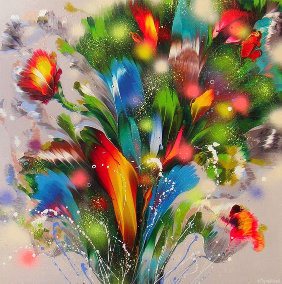 ”Summer Bouquet” Original Abstract Painting 27.5” x  27.5”-- (70 x 70 cm)