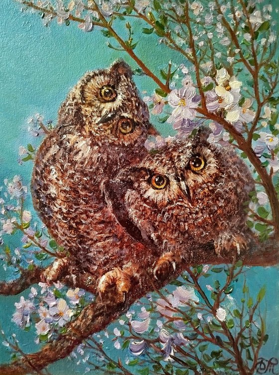 Spring landscape with owls