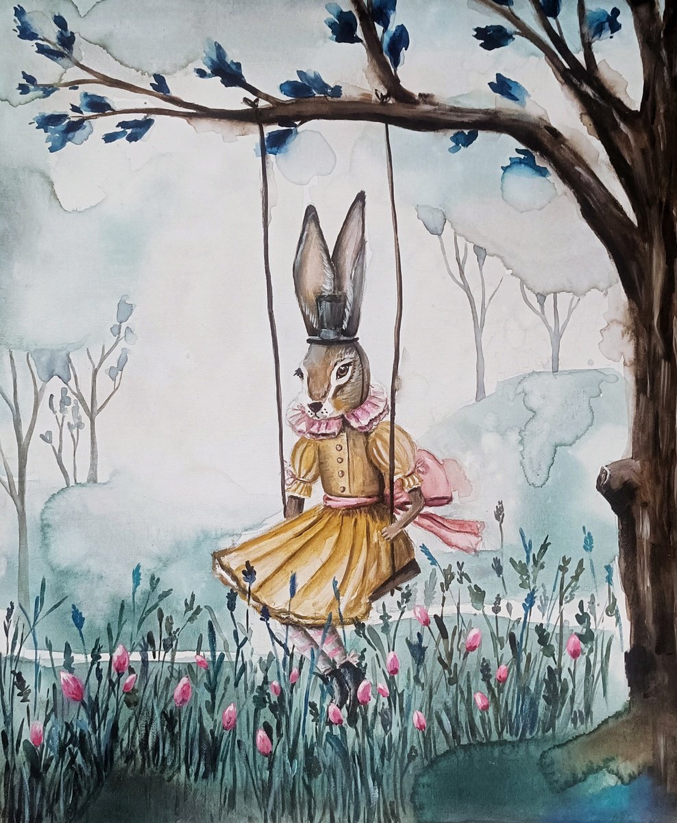 Surrealistic Animal Painting By Evgenia Smirnova, 14 X 16, Rabbit On The Swing, Original Artwork