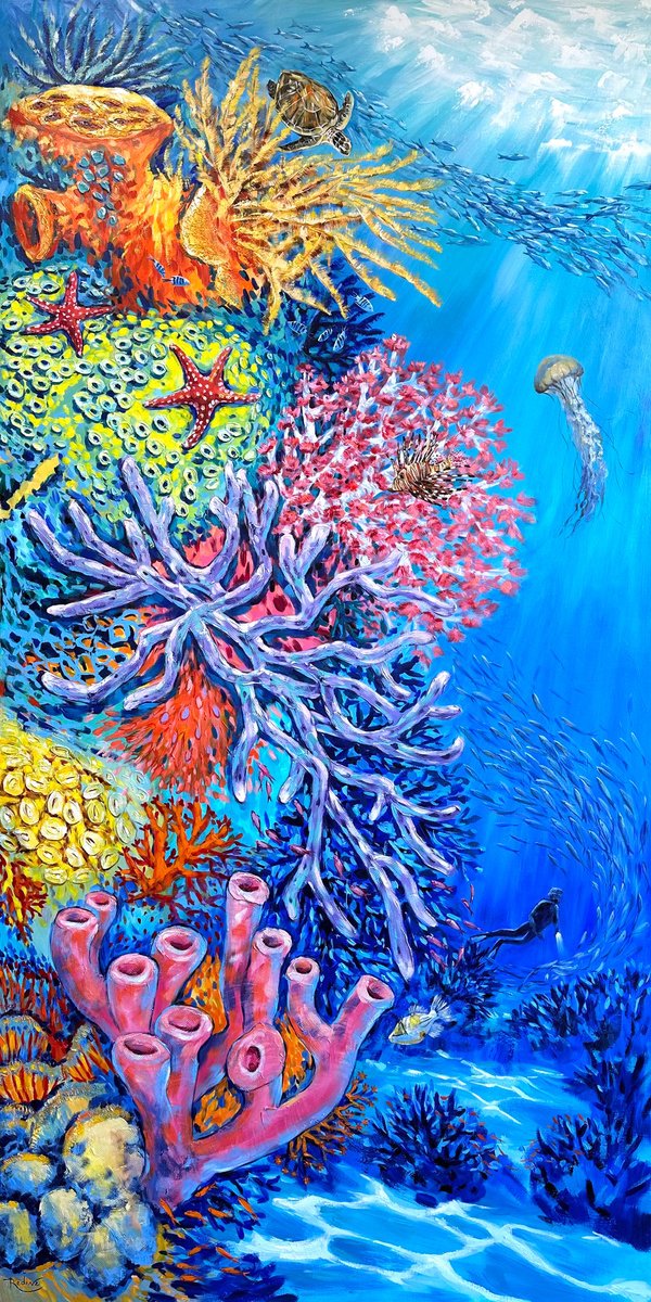 Impressionistic Landscape Acrylic Painting By Irina Redine, 36 X 72, Coral Reef Wonder, Original Artwork