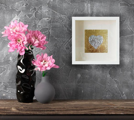 Silver Heart Painting Original Art Gold Leaf Artwork Impasto Mini Wall Art