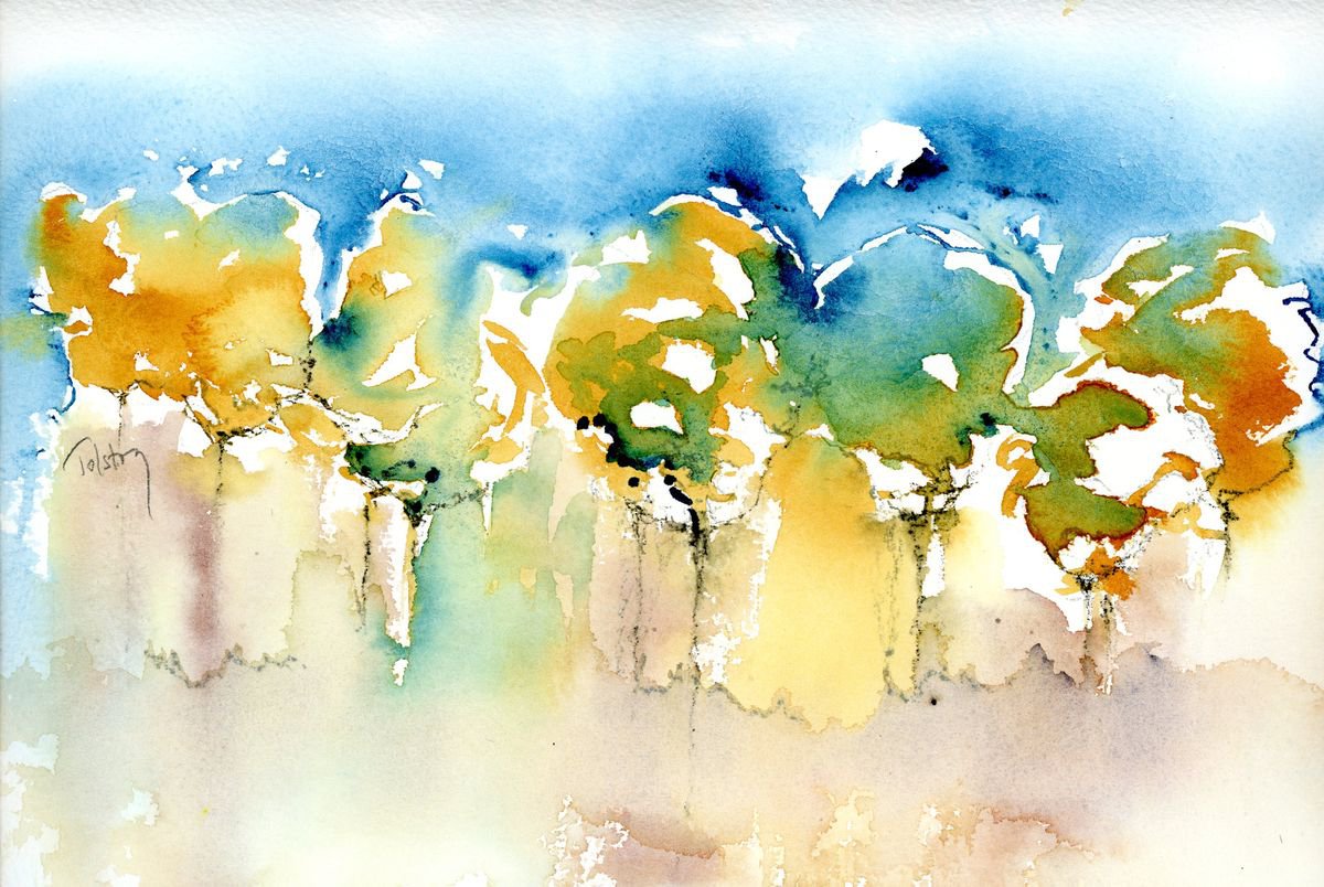 Impressionistic Landscape Watercolour By Alex Tolstoy, 12 X 8, Trees With Blue And Gold, Original Artwork