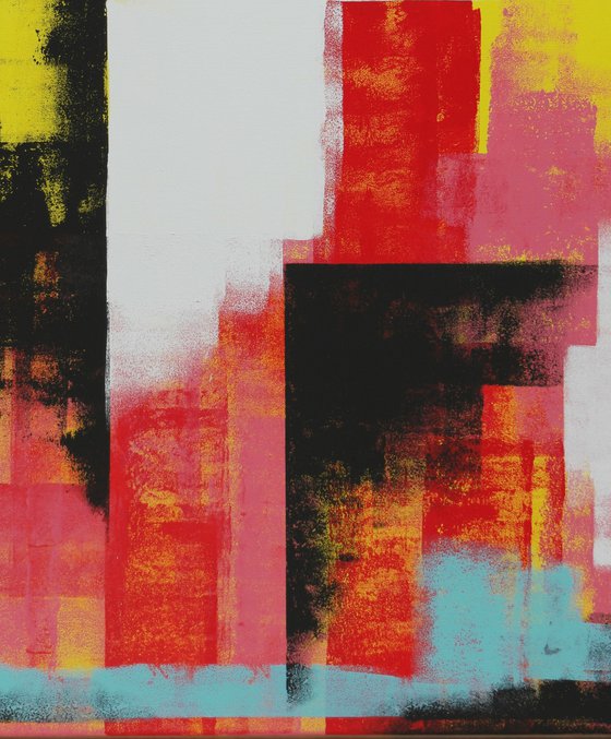 Vertical Abstract Painting - Incl Frame - Untitled in Yellow & Red - 95x115cm - Ronald Hunter - 06J