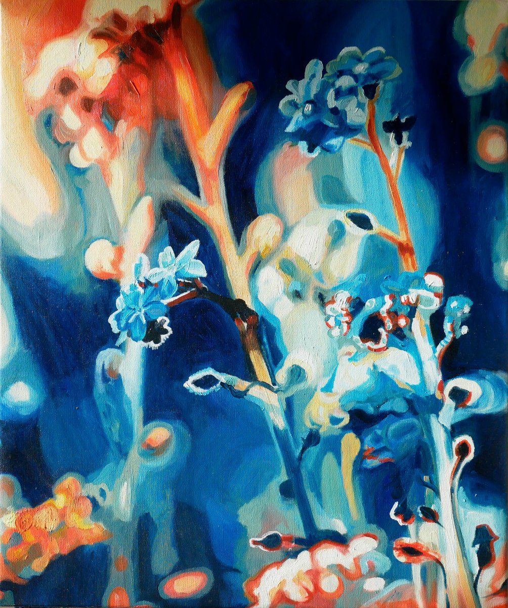 Flowers in Atmospheric Blue and Orange by Hannah Bruce