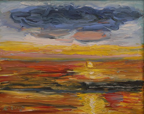SUNRISE - Landscape art, seascape, skyscape, ocean, beach, sun over the ocean ray light, original oil painting, summer, nature, home decor by Karakhan