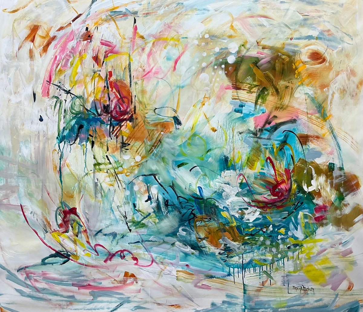 Organic Landscape Oil Painting By Marie Manon, 58 X 52", Nenuphars, Original Artwork