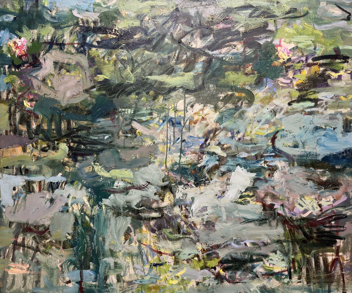 Expressive Abstract Oil Painting By Lilia Orlova-Holmes, 47 X 39", Lily Pond After The Rain, Original Artwork