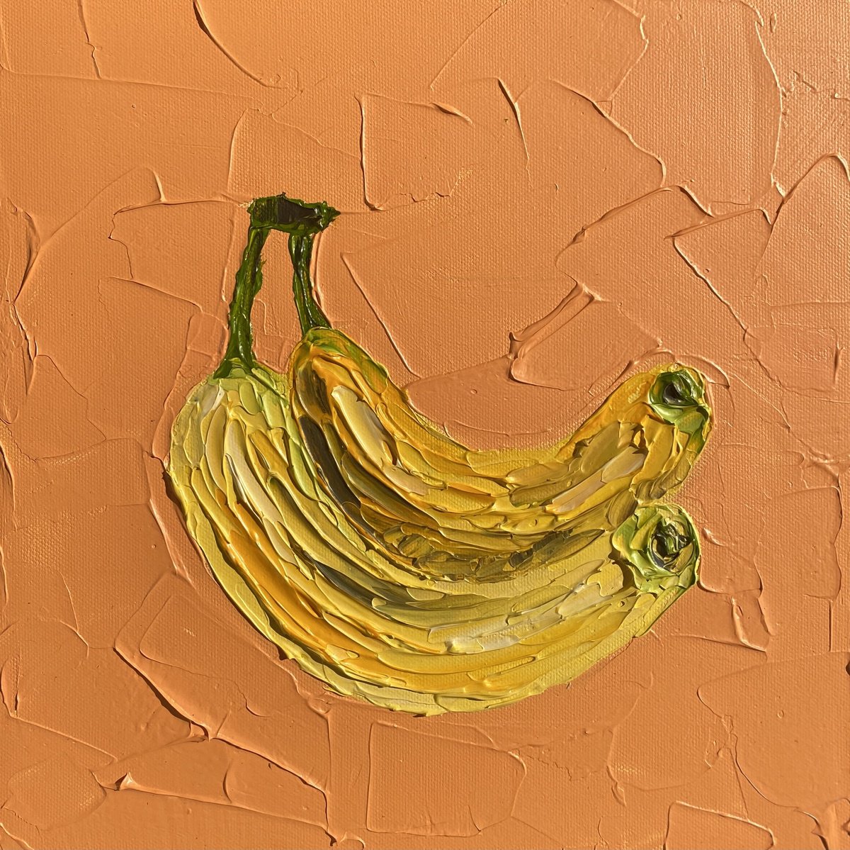 Impressionistic Still Life Acrylic Painting By Guzaliya Xavier, 12 X 12, Bananas On Orange, Original Artwork