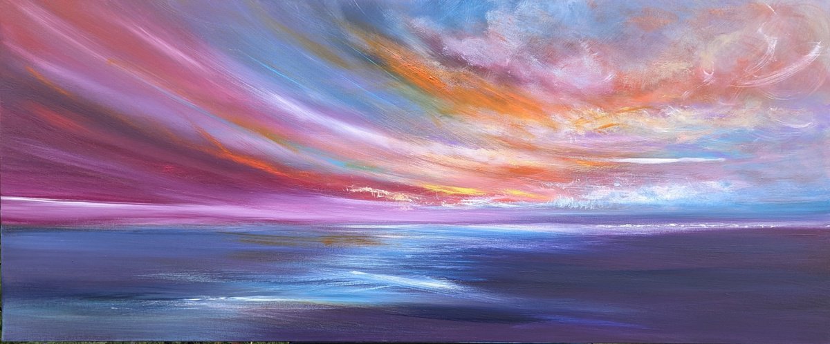 Impressionistic Landscape Acrylic Painting By Mel Graham, 47 X 20", Sunset Rhapsody, Original Artwork