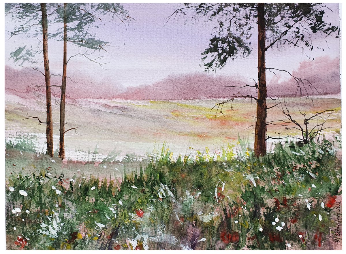 Impressionistic Landscape Watercolour By Yulia Schuster, 12 X 9", Summer Evening, Original Artwork