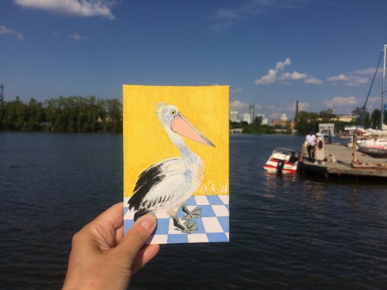 Bird portrait of a pelican on a chessboard - Small canvas art - Gift idea for bird lover