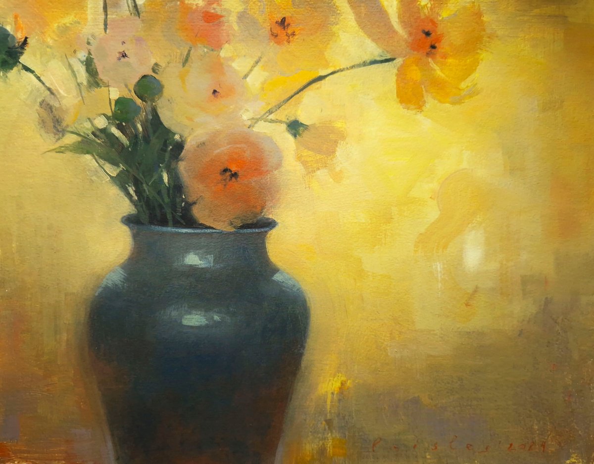 Impressionistic Botanical Acrylic Painting By Ayna Paisley, 14 X 11, Glowing Bouquet In A Blue Vase, Original Artwork