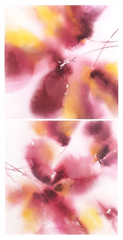 Pink flowers painting set by Olga Grigo