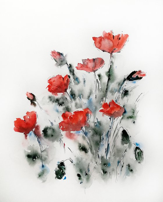 Red poppy painting. Wildflowers