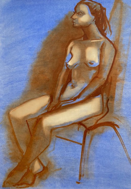 Sitting Nude with Blue Underpainting #2 by Tarja Laine