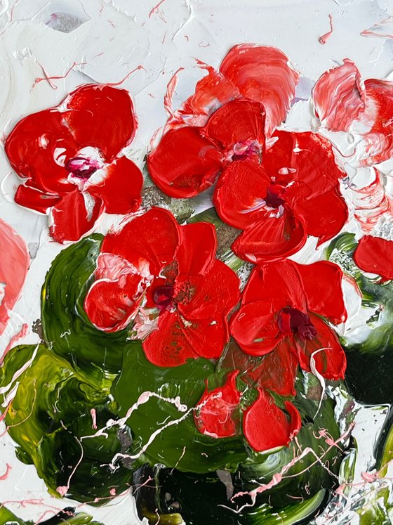 Geranium Painting Floral Original Art Flowers Oil Impasto Artwork Small Wall Art 6 by 6" by Halyna Kirichenko