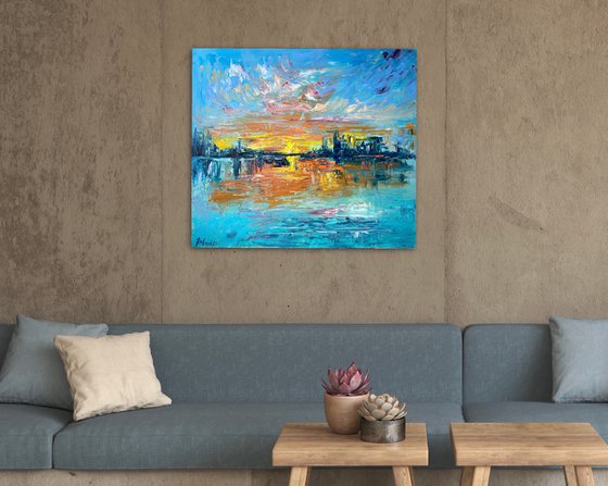 Sunset - Big city never sleeps, 70*80cm, impressionistic landscape oil painting in orange and turquoise