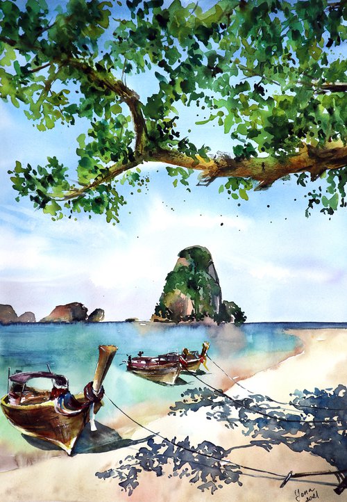 ORIGINAL Watercolor Painting of Thailand - Exotic Nature - Tropical Landscape - Ocean Palms by Yana Shvets