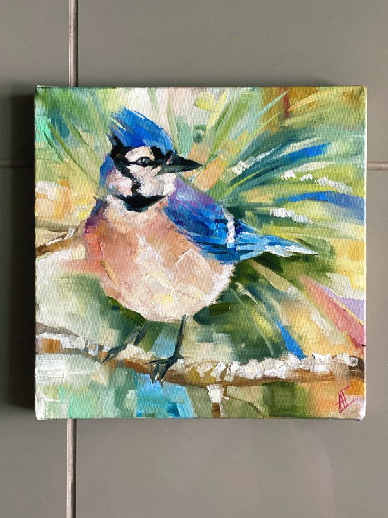 Small bird painting original. Blue jay bird on square canvas. Snowy green tree, winter gift painting for Christmas/ new year. Made with love