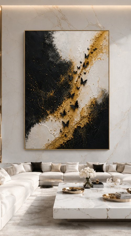 Black Butterflies over Abstract Gold by Indie Ru