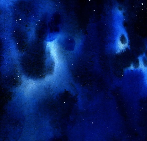 "Depth of Space" abstract dark blue watercolour with white dots constellations