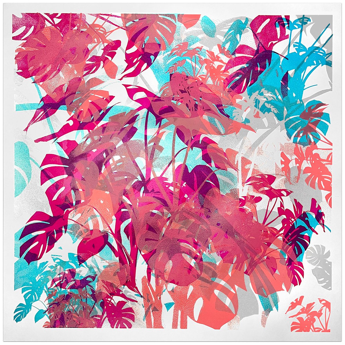 Impressionistic Botanical Screenprint By Chris Keegan, 16 X 16, Red Monstera, Original Artwork