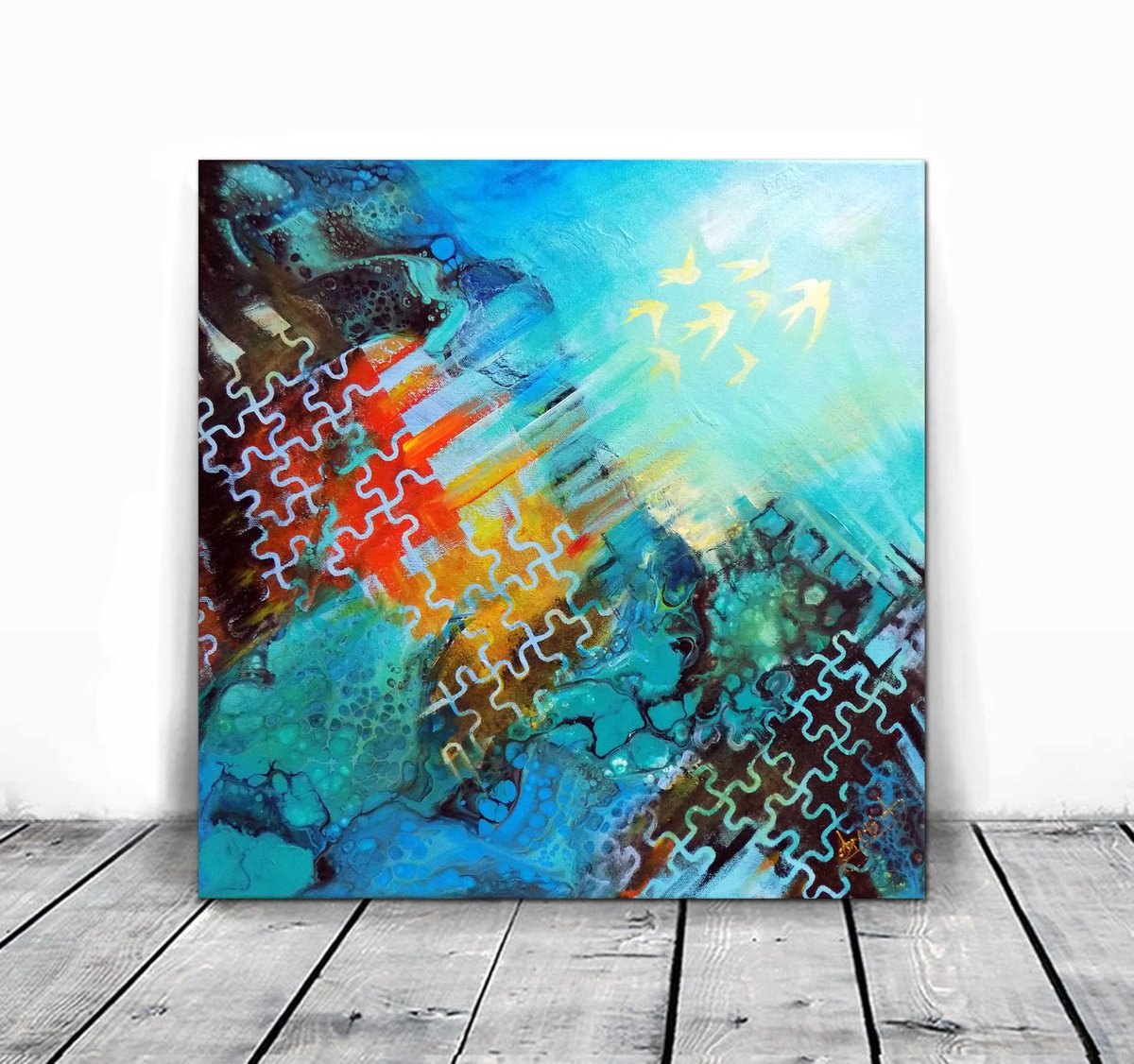 Abstract Animal Acrylic Painting By Areti Ampi, 20 X 20, Birds, Original Artwork