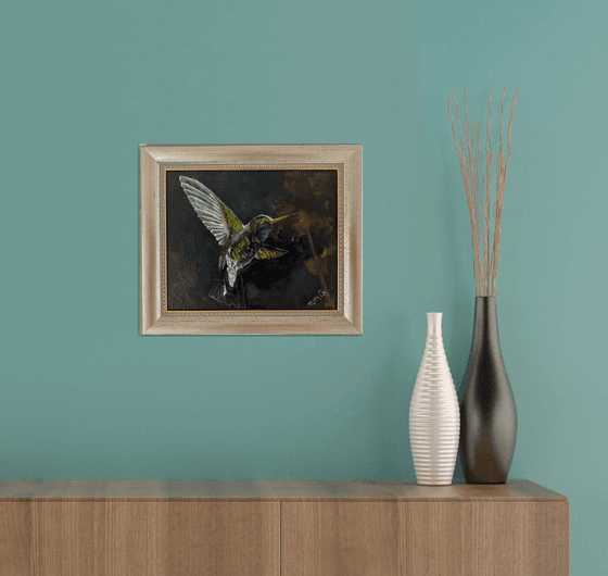 Astonishing Hovering Hummingbird Original Oil Painting 8x10 framed