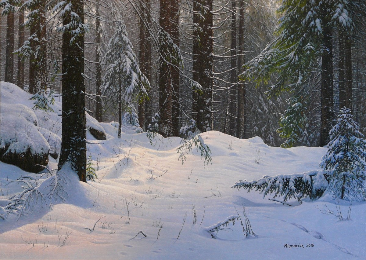 Photorealistic Landscape Oil Painting By Mlynarcik Emil, 28 X 20", Winter In The Spruce Forest, Original Artwork