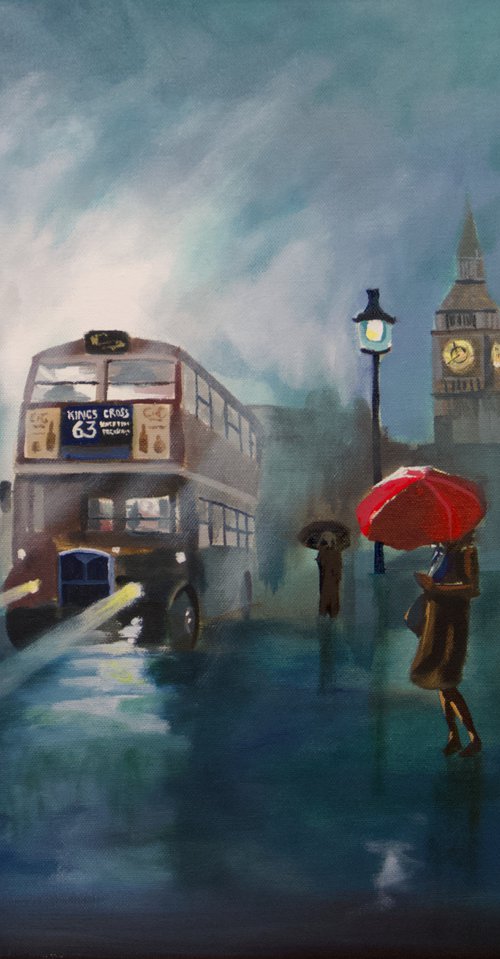London painting rain red umbrella by Gordon Bruce