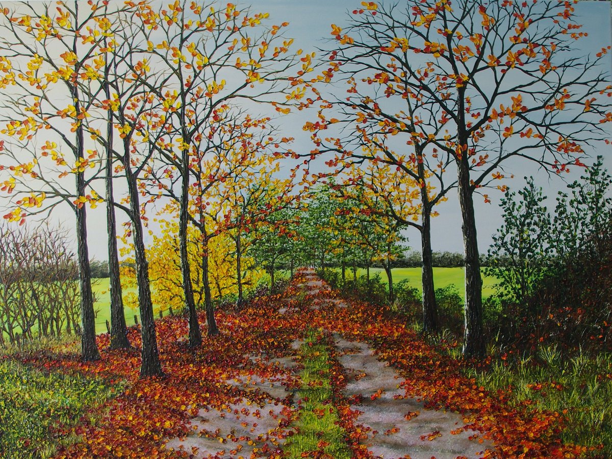 Impressionistic Landscape Oil Painting By Hazel Thomson, 39 X 30, Autumnal Walk, Original Artwork