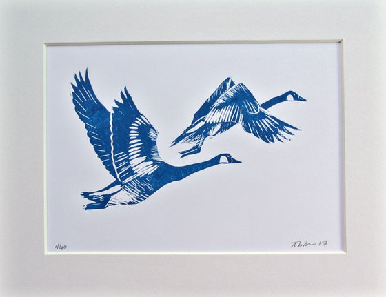 Birds in Flight Linocut, Printed in Blue, Geese Migrating, Print on Paper, Mounted