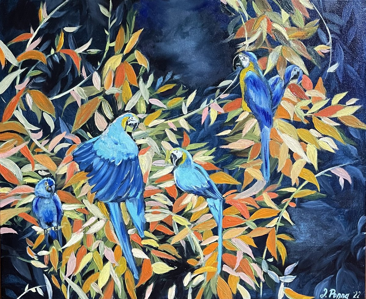 Impressionistic Animal Oil Painting By Irina Ponna, 24 X 20, Blue Parrots, Original Artwork