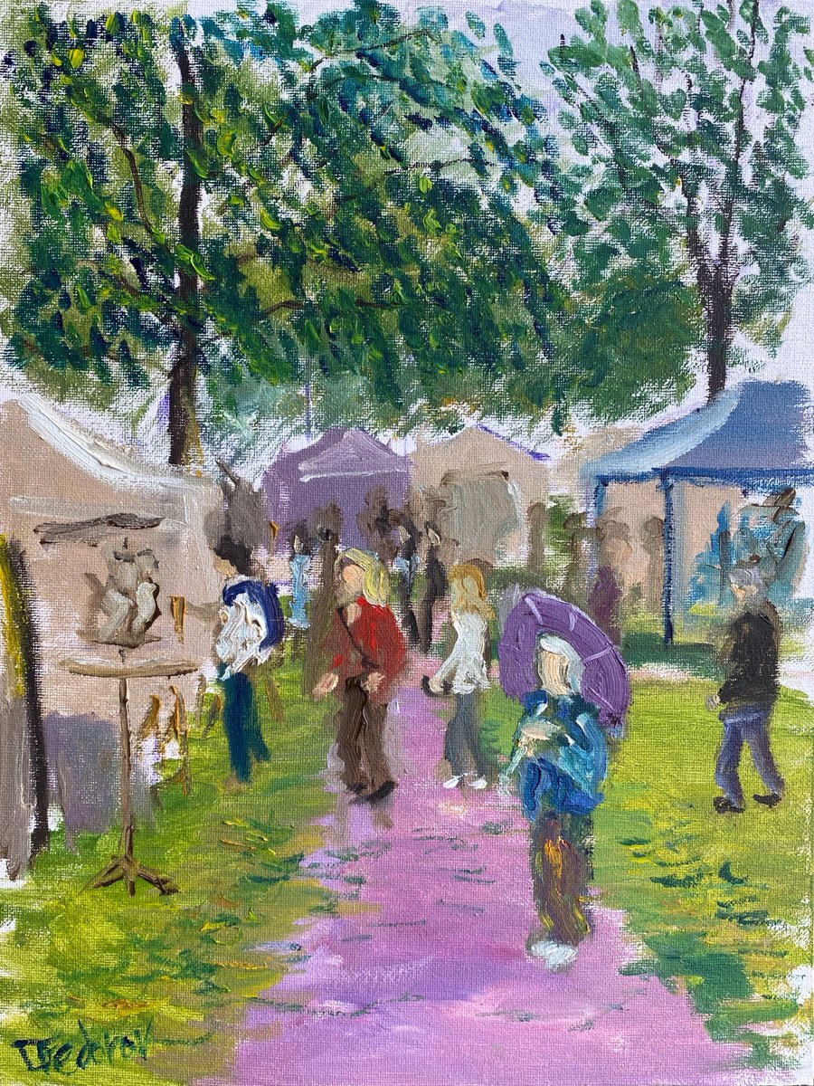 Impressionistic Portrait Oil Painting By Dmitry Fedorov, 12 X 16, People Walking At Art Festival, Original Artwork