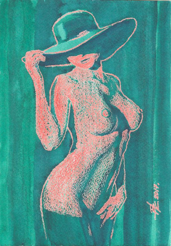 Nude green in hat . 21X29.5cm