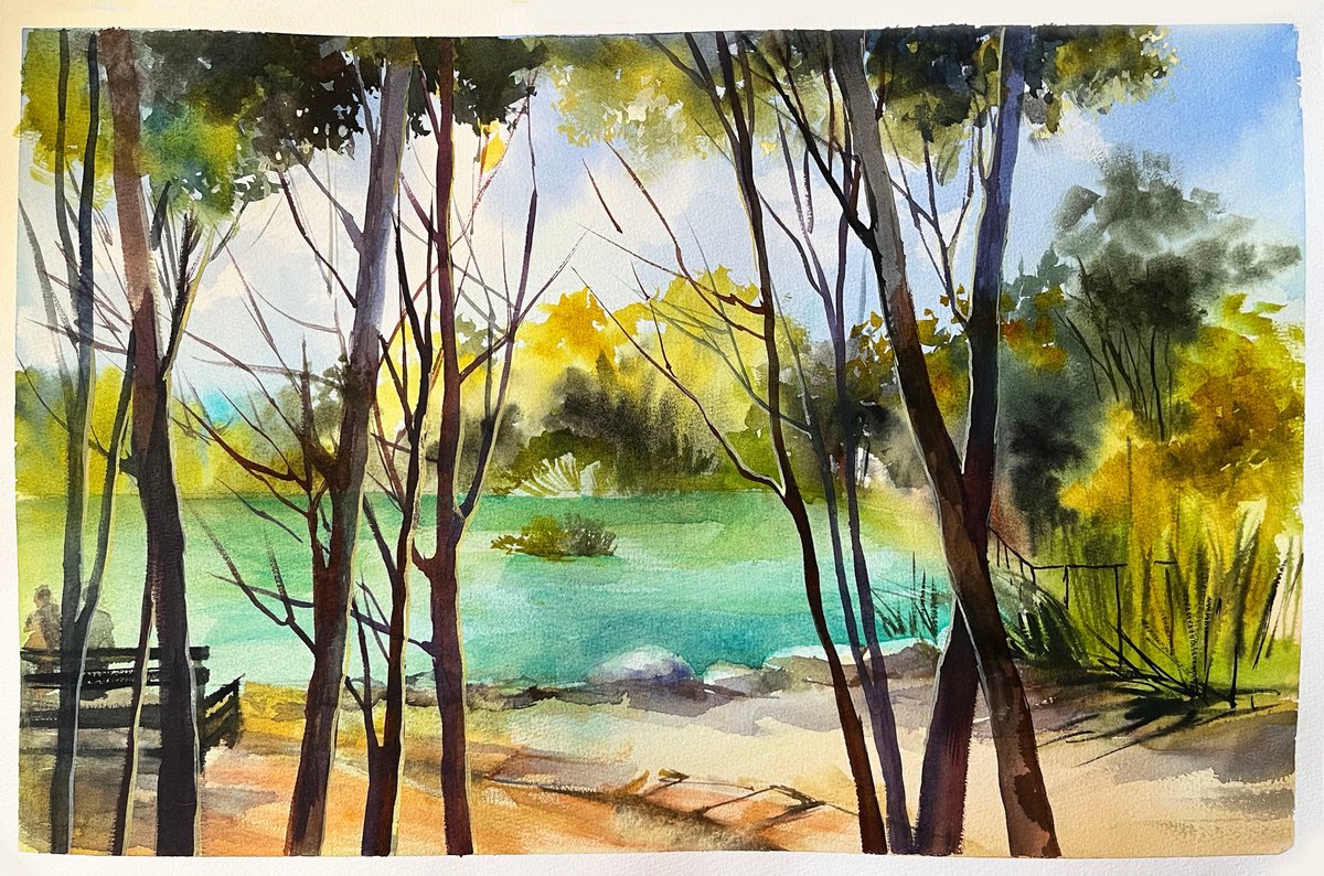 Impressionistic Landscape Watercolour By Maria Kireev, 21 X 15", Turquoise Day, Original Artwork