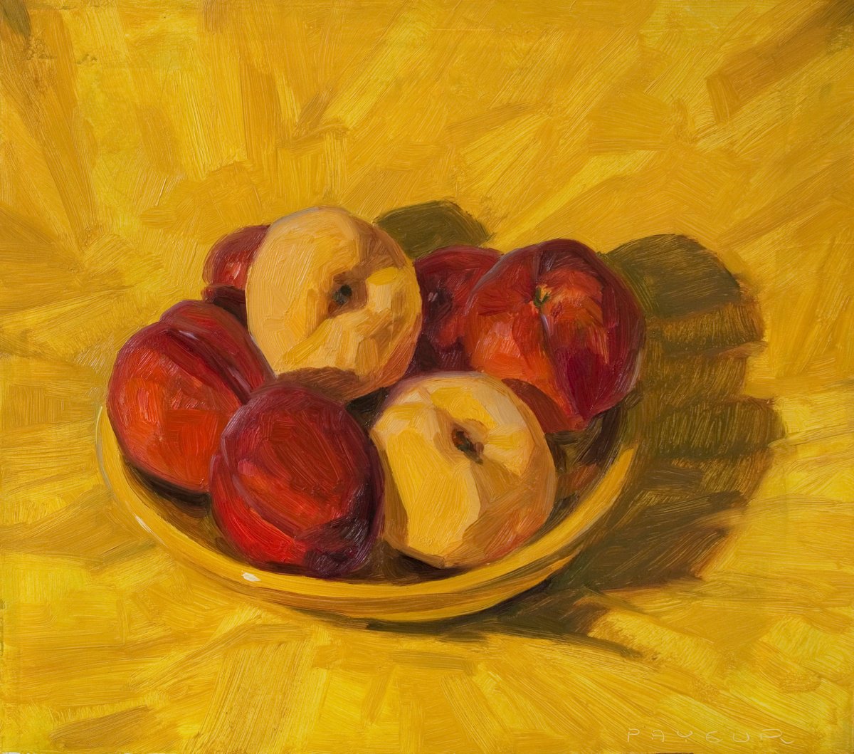Impressionistic Portrait Oil Painting By Olivier Payeur, 16 X 14", Peaches On Yellow Plate, Original Artwork