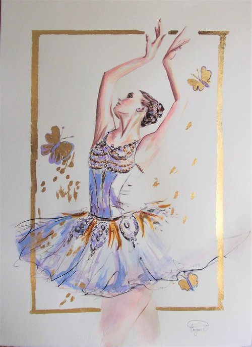 Butterfly-Ballerina painting-Ballet painting-ballerina watercolor, mixed media painting on paper by Antigoni Tziora