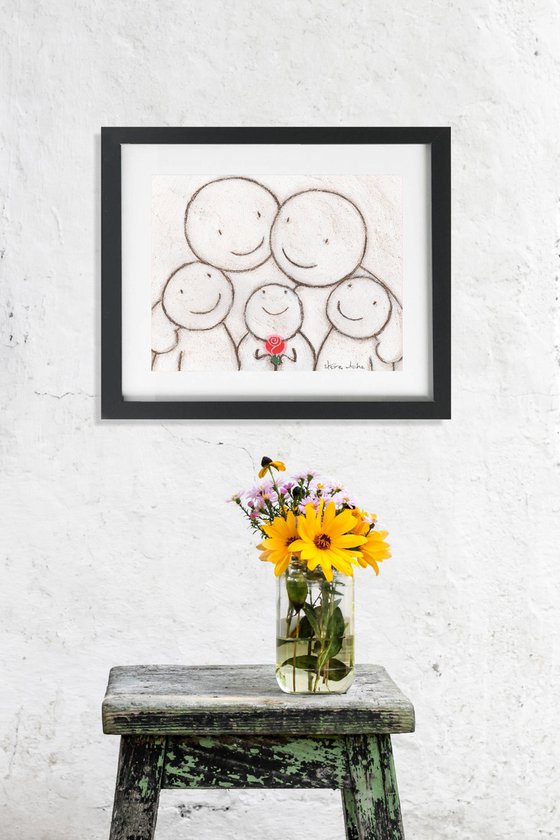 Hugs artwork 45 Family 3 children, holding rose. Unframed