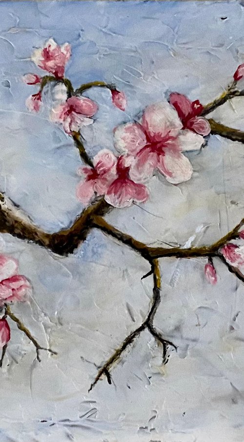 One of a kind Cherry Blossoms Branch Oil Painting on a gessoed masonite with several glazes on charcoal by Mary Gullette