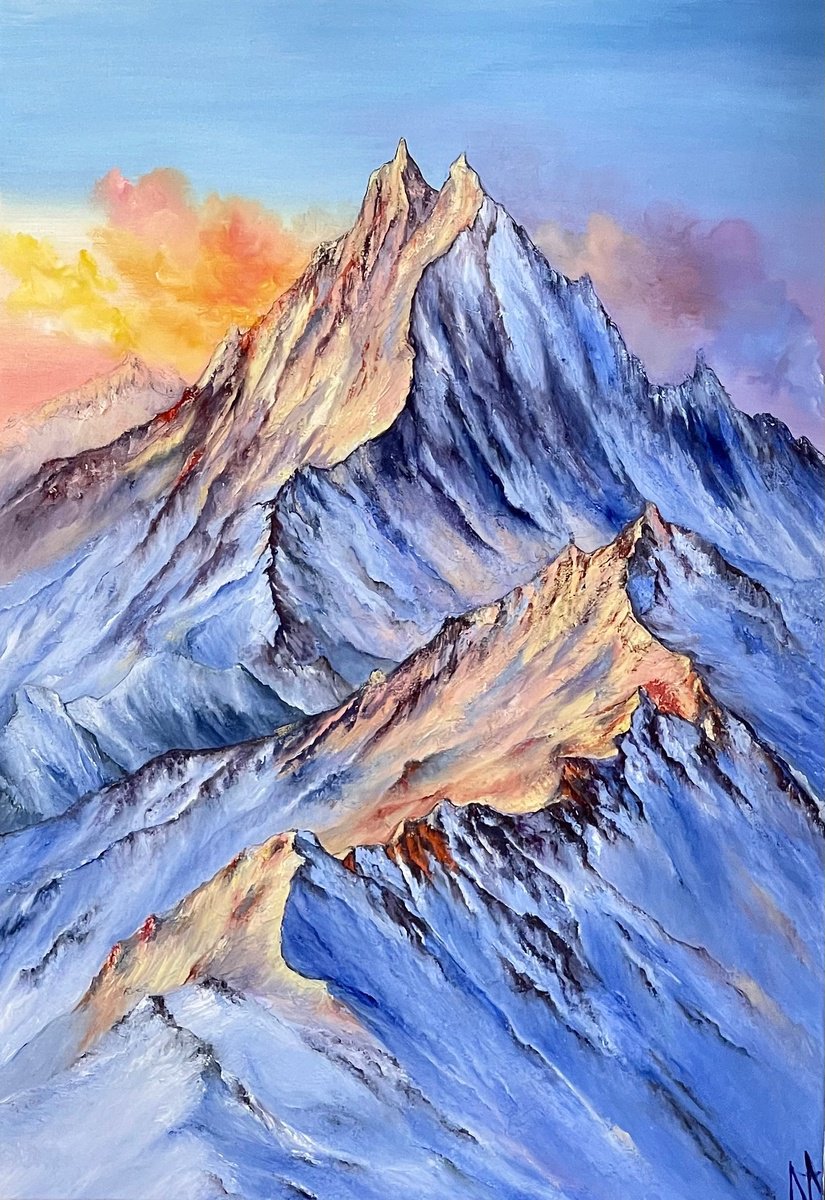 Expressive Landscape Oil Painting By Anastasiia Novitskaya, 28 X 39, Mountains At Dawn, Original Artwork